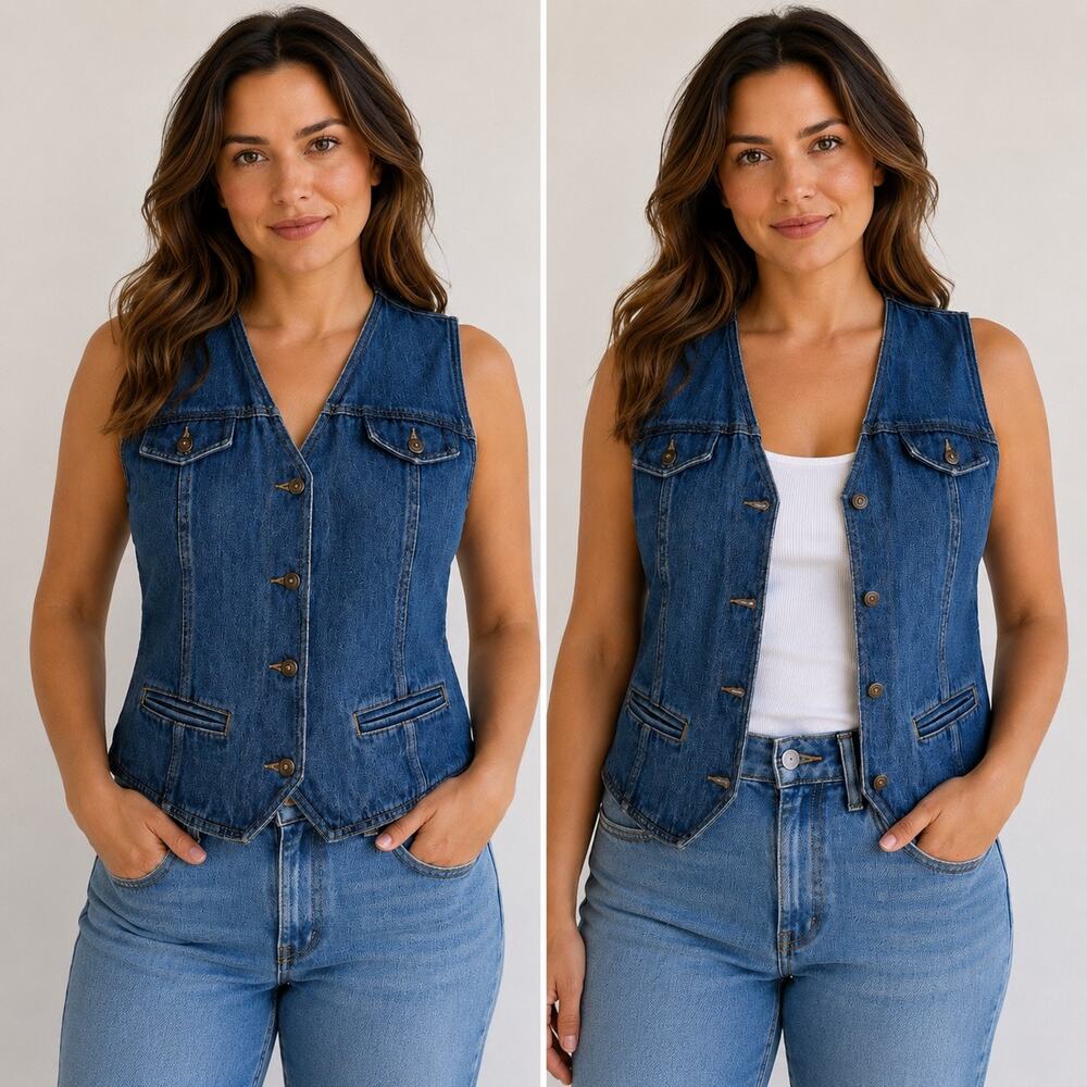 Vintage Liz Claiborne Denim Vest Women’s M Blue 90s Button Front Adjustable Back